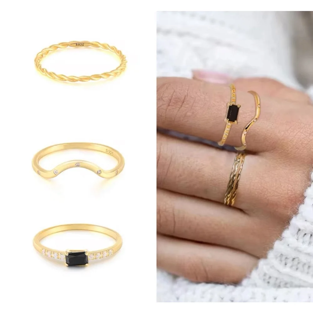 NEW Women's‎ 18k Gold Plated Sterling Baguette Black Onyx Simulated Diamond Ring